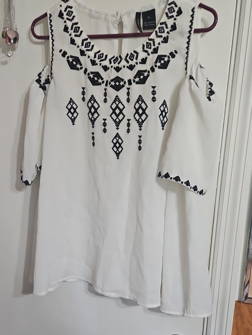 new directions White Cold-Shoulder Tunic with Black Embroidery